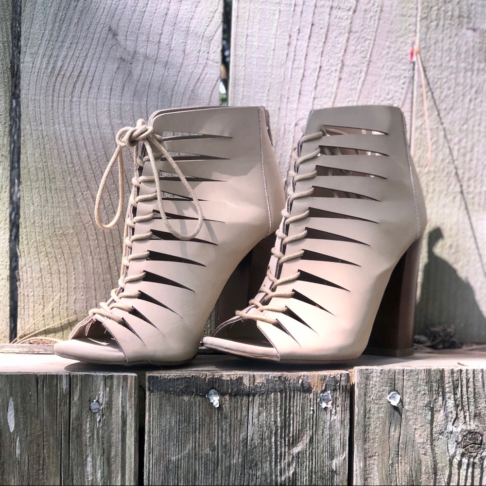 nude, lace up heeled booties